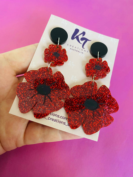 KT Creations Australia - Earrings - Red Glitter Poppy