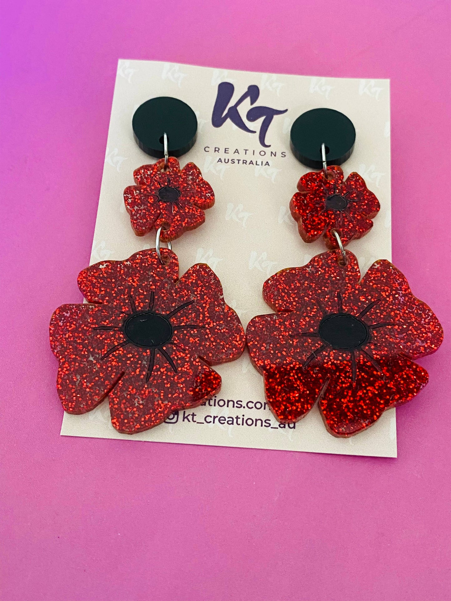 KT Creations Australia - Earrings - Red Glitter Poppy