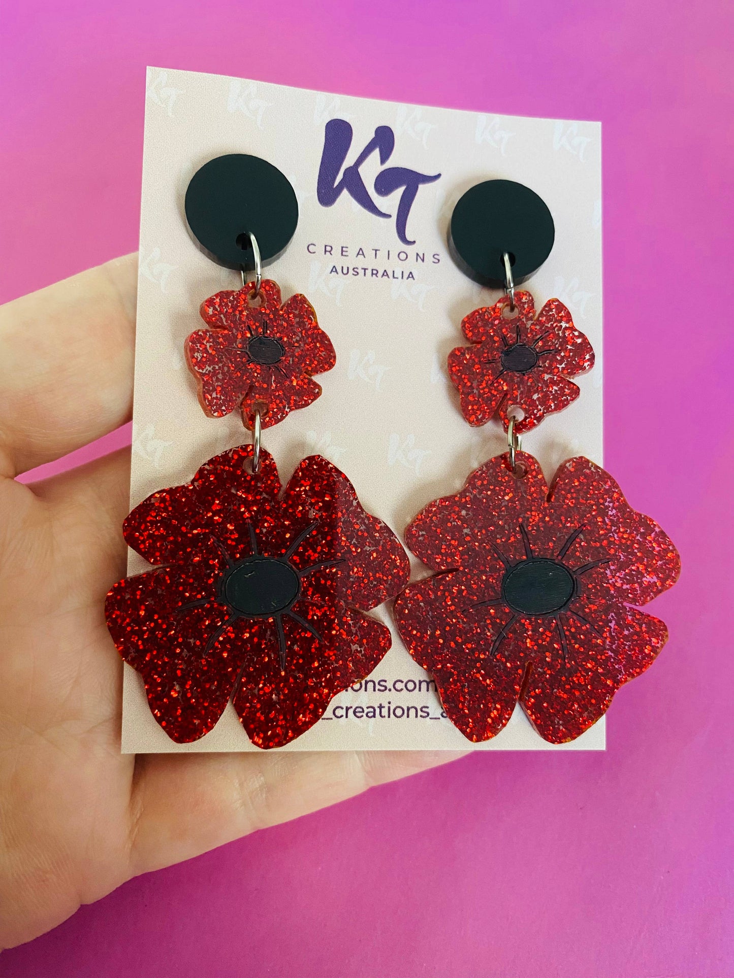 KT Creations Australia - Earrings - Red Glitter Poppy