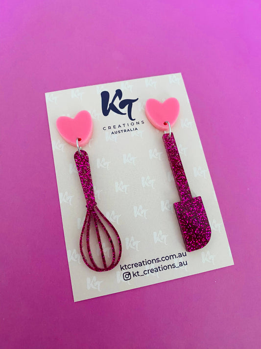 KT Creations Australia - Earrings - Pink Glitter Whisk & Spatula