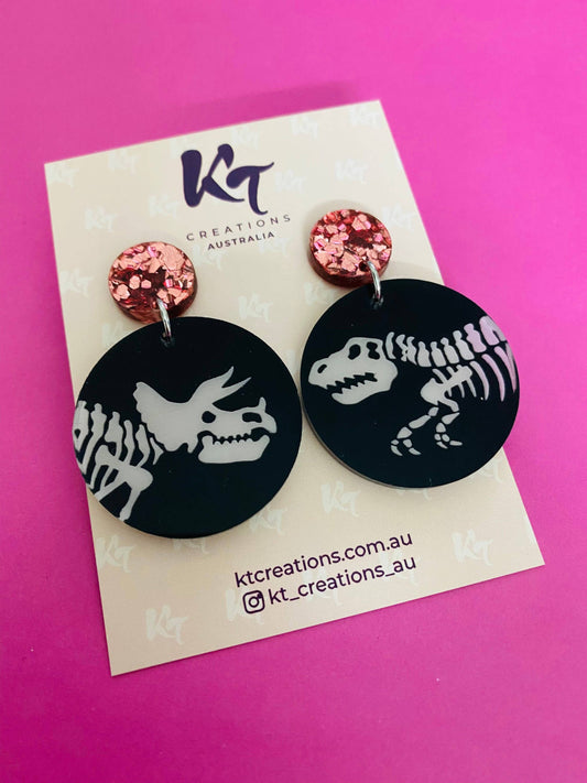 KT Creations Australia - Earrings - Roar! Black Dino Etched